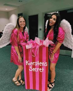 two women dressed in pink and red posing for the camera with a shopping bag that says kierstens secret