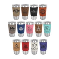 the 16oz tumbler cup is shown with different colors and designs on each side