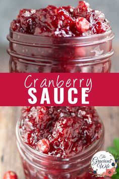 cranberry sauce in a glass jar on a wooden table