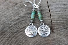 Silver turquoise earrings Jewelry Boho Earrings Bohemian Earrings Dangle Drop Earrings Boho Bohemian Jewelry Tree earrings Gift for her Color : Turquoise ( blue green ) rondelle beads Finish : Sterling Silver lever back, Sterling Silver head pins, Antique Silver Round Tree Charms ( Lead Free , Nickel Free ), Size's charm: 13x15mm. Length: 2-1/4 inches including the sterling silver leverback Ear wire : Sterling Silver lever back and Sterling Silver findings Available with lapis Lazulli rondelles Bohemian Sterling Silver Nickel-free Earrings, Bohemian Nickel-free Sterling Silver Earrings, Bohemian Dangle Earrings With Silver Beads, Bohemian Antique Silver Jewelry, Nickel Free, Bohemian Antique Silver Jewelry Nickel Free, Bohemian Antique Silver Nickel-free Jewelry, Nickel-free Bohemian Antique Silver Jewelry, Rustic Nickel-free Dangle Jewelry, Bohemian Antique Silver Jewelry With Matching Earrings