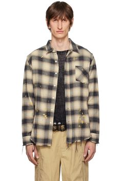 R13: Black & Beige Shredded Shirt | SSENSE Distressed Button-up Shirt For Fall, Distressed Relaxed Fit Shirt For Fall, Distressed Long Sleeve Shirt For Fall, Shredded Shirt, Cotton Flannel, Plaid Pattern, Flannel Shirt, Clothing Accessories, Perfect Clothing