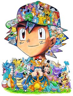 an image of a cartoon character surrounded by pokemon