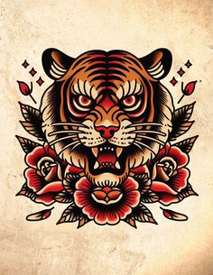 an image of a tiger with roses on it's chest and head in the background