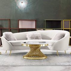 LOOMLAN Curved Sofa with Contoured Back in Light Cream Velvet and Gold Metal Legs_Sofas_Diamond Sofa Curved Sofa Living Room, Round Sofa, Gold Legs, Curved Sofa, Luxury Sofa, Light Cream, Surface Area, Upholstered Sofa, Furniture Design Modern