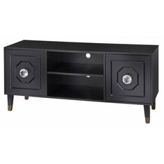 a black tv stand with two doors and knobs