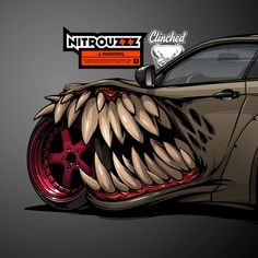 the front end of a car with an animal's teeth on it and a sticker that reads, nitrouzzzz