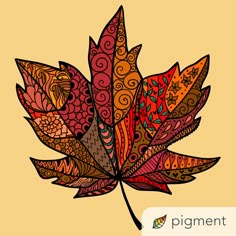 a drawing of a colorful leaf on a yellow background