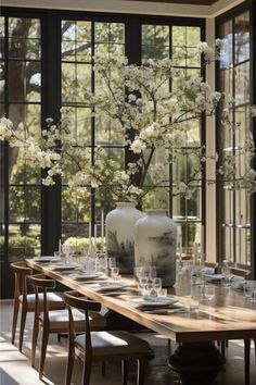 a dining room table with chairs and vases on it