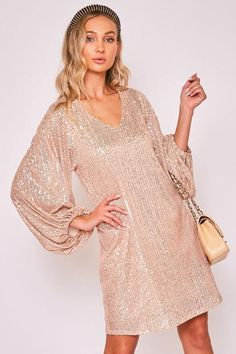 Rose Gold V-Neck Sequin Dress – Tres Chic Houston Rose Gold Party Dress, Rose Gold Cocktail Dress, Rose Gold Clothes, Rose Gold Sequin Dress, Anniversary Dress, Sparkle Outfit, Rose Gold Dress, Long Sleeve Sequin Dress, Sequence Dress