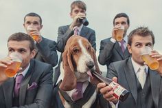 a dog in a suit drinking from a beer bottle while two men stand behind him