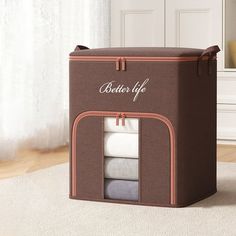 a brown storage box sitting on top of a white rug