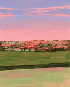 an abstract painting of pink and green hills