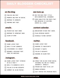 the daily blogger checklist is shown in pink and white with text overlaying it