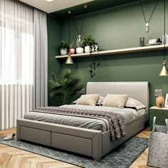 a bedroom with green walls and wooden floors