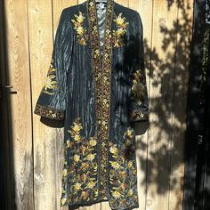 Elegance Galore!!! Soft Deep Ocean Blue Velvet Open Front Kaftan (Kimono) With Gorgeous Rich Embroidery In Gold, Copper, Olive, Brown And Burnt Orange. Dark Gray Silky Lining. Side Pockets. Available In Size Xs (2-4 About 19” Pit To Pit) And Xl (16-18 About 24” Pit To Pit. Approximately 46” Long. New With Tags From Sundance. Embroidered Fitted Evening Kaftan, Evening Embroidered Fitted Kaftan, Fitted Embroidered Kaftan For Evening, Fitted Long Silk Kaftan, Fitted Silk Long Kaftan, Long Silk Fitted Kaftan, Spring Evening Embroidered Kaftan, Fitted Silk Bohemian Kimono, Elegant Long Dress With Multicolor Embroidery