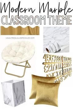 modern marble classroom theme with gold accents and white furniture, including a chair, pillow, table