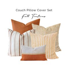 the couch pillow cover set is shown in four different colors and sizes, including orange, brown