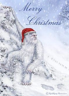 a white bear wearing a santa hat on top of a snow covered mountain with the words merry christmas