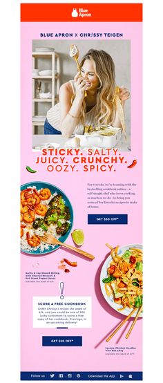 an advertisement for a restaurant called juicy crunchy, with the image of a woman eating food