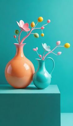 two vases with flowers in them sitting on a shelf against a blue background,