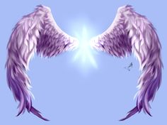 two purple angel wings against a light blue background with the sun shining through them,