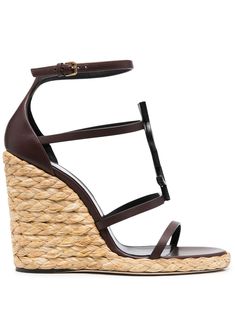 dark brown leather signature YSL logo plaque open toe side buckle fastening branded insole high wedge heel Wedges Heels, Heels Brown, Brown Wedge Sandals, Ysl Logo, White Wedges, Wedge Espadrilles, High Wedges, Sandals Brown, Brown Leather Sandals