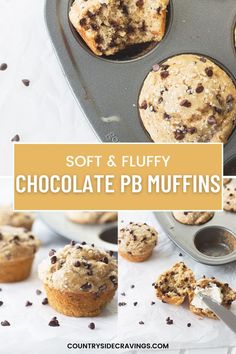 chocolate chip muffins in a muffin tin with the words soft & fluffy chocolate chip muffins