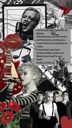 the collage has many different pictures and words on it, including an electric guitar