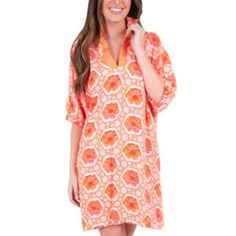 Emily Mccarthy's Signature Poppy Dress In Floral Crochet Is Perfect For Casual Days And Dressed Up Evenings. Loose Fitting With An Optional Stand Up Collar And Knee Length Hem. Dress Up With A Heel Or Go Casual With A Sneaker, The Poppy Dress Is Versatile For Every Style! 100% Rayon Spring Pink Split Neck Dress, Casual Coral Dress For Vacation, Coral Dresses For Spring Vacation, Spring Coral Vacation Dresses, Spring Vacation Coral Dresses, Coral Spring Vacation Dresses, Coral Summer Vacation Dresses, Orange Feminine Dresses For Daywear, Casual Coral Summer Dress