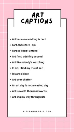 the art captions poster is shown in black and white, with pink squares behind it