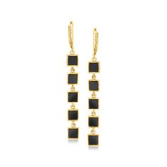 Ross-Simons - Black Onyx Square-Link Drop Earrings in 18kt Gold Over Sterling. Dare to make a bold statement! These modern drop earrings present shiny 6mm black onyx slices in chic square links set in polished 18kt yellow gold over sterling silver. Hanging length is 2 3/8". Leverback, black onyx square-link drop earrings. Onyx Colour, Deco Earrings, Sterling Jewelry, Art Deco Earrings, Hanging Earrings, Earrings Black, Onyx Stone, Fine Jewellery Earrings, Black Stone