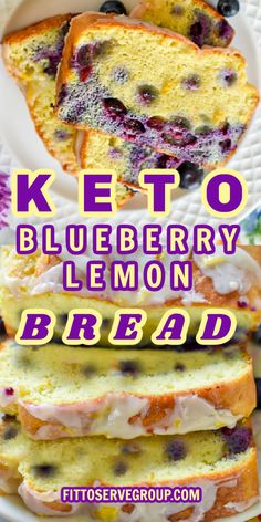 keto blueberry lemon bread on a white plate