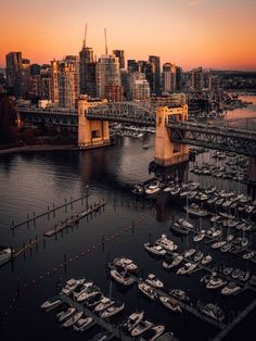 boats are docked in the water near a bridge and some buildings at sunset or dawn