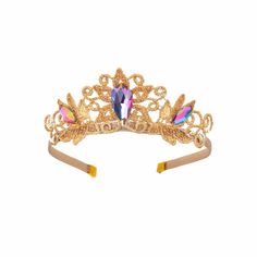 Handmade princess crown, the perfect accessory for a birthday princess, costume, or everyday dress-up. Lightweight tiara that's comfortable for hours of wear. Handmade with love and quality materials in Brooklyn, NY. Handmade from a fine quality gold Venise lace with a hand-sewn gem. Color: Gold lace base and three purple gems. Height: Approximately 2" (at peak). Individually packaged in a crystal clear box for protection and showcasing. Designed for ages 3 and up. Handmade in Brooklyn, NY. Mate Whimsical Tall Crown For Parties, Princess Style Gold Jewelry For Party, Whimsical Crown Hair Accessories For Parties, Gold Round Crown Headpiece As Gift, Gold Round Crown Headpiece For Gift, Whimsical Crown Headpiece For Party, Elegant Gold Teardrop Crown Headband, Gold Teardrop Crown Headband For Parties, Elegant Tall Crown For Party