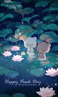 two teddy bears sitting in the water with lily pads on it's surface, and one bear is looking at another bear