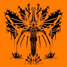 an orange background with black and white designs on the front, in the center is a stylized image of a bird that appears to be holding its wings