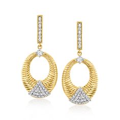 Ross-Simons - .50 ct. t. w. Diamond Oval Drop Earrings in 18kt Gold Over Sterling. Turn up the glamour with a dazzling pair of earrings! Our distinctive pair features open-space oval drops decorated with a ribbed design and illuminated from many angles by .50 ct. t. w. round and round brilliant-cut diamonds. Crafted in 18kt yellow gold over sterling silver. Hanging length is 1 1/4". Post/clutch, diamond oval drop earrings. Diamond birthstones are the perfect gift for April birthdays. Gold Oval Hoop Earrings, Drop Earrings Diamond, Oval Hoop Earrings, Diamond Birthstone, Earrings Diamond, Diamond Drops, Diamond Drop Earrings, Turn Up, Fine Jewellery Earrings