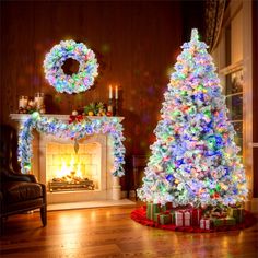 a decorated christmas tree sitting in front of a fire place