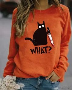 Lasaky - Casual Halloween Letter Cat Print Sweatshirt Casual Halloween, Chat Halloween, Black Cat Print, Halloween Tattoo, Halloween Orange, Black Cat Halloween, Halloween Sweatshirt, Halloween Prints, Halloween Women