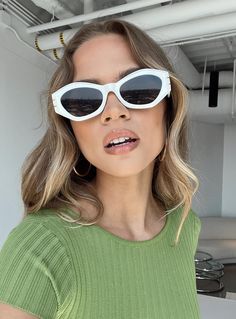 Sunglasses  95% plastic 5% metal  UV 400  Hexagon frame   Moulded nose bridge   Black tinted lenses   Gold-toned hardware Sunglasses White, White Sunglasses, Fleece Dress, Sweatshirt Set, Outerwear Outfit, Loungewear Sets, Nose Bridge, Sunglasses Online, Casual Tank Tops