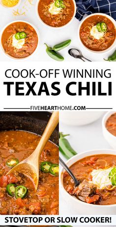 Texas Chili recipe, three-photo collage with text showing Texas Chili in bowls and award winning Texas chili recipes in slow cooker and with spoon. Chili Recipe Award Winning, Texas Chili Recipe, Winning Chili Recipes, Award Winning Chili Recipe, Chili Bar, Beef Chili Recipe, Texas Chili, Best Chili Recipe, Chili Recipe Crockpot