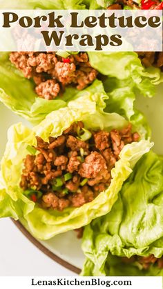 lettuce wraps filled with meat and vegetables on a white plate, text overlay reads pork lettuce wraps