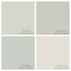 four different shades of gray paint with the names and colors in each one, including