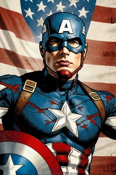 captain america is standing in front of an american flag with his hands on his hips