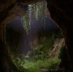 a cave with plants growing out of it