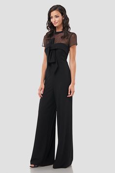 Elegant yet comfortable, our jumpsuit is crafted with stretch knit crepe—showcasing a beautiful drape. Framed by an illusion neckline, it features a stunning oversize bow detail. Final touches include a back zipper and a wide leg silhouette at the hem. Details Illusion Neckline Jumpsuit Silhouette Short Sleeves Wide Leg Fit Floor Length REF: 8642237 Bow Jumpsuit, Peplum Jumpsuits, Organza Gowns, Short Sleeve Jumpsuits, Illusion Neckline, Floral Sleeve, Black Tie Wedding, Stretch Crepe, Jumpsuit With Sleeves