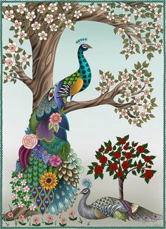 a painting of a peacock sitting on top of a tree next to a flowered tree