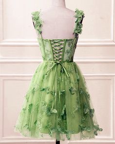 Green Mini Dress With Fitted Bodice For Prom, Green Prom Dress With Lace-up Back, Green Mini Dress For Prom Season, Green Mini Dress For Prom, Green Sweetheart Neckline Mini Dress For Wedding, Wedding Mini Dress With Sweetheart Neckline In Green, Green Mini Dress With Sweetheart Neckline For Wedding, Green Mini Dress For Wedding, Spring Green Fairy Dress For Party