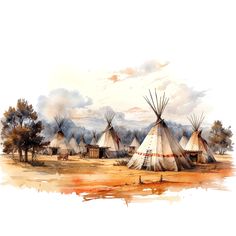 watercolor painting of native american teepees and trees