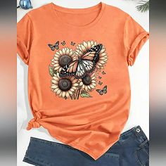 Sunflower/Butterfly Graphic Print Women's Plus Size T-Shirt Has A Crew-Neck And Short Sleeves For An Everyday Trendy, Casual Look And Is A Polyester/Elastane Blend For A Comfortable Fit And Easy Care. Nwt Available In Two Sizes: One Oxl(12) And One 1xl. Measurements: Oxl(12) - Ptp 22.5"; Length 27" 1xl(14) - Ptp 23.5"; Length 28.6" Cute Butterfly Print T-shirt For Summer, Cute Summer T-shirt With Butterfly Print, Relaxed Fit Short Sleeve T-shirt With Sunflower Design, Casual Sunflower Design Relaxed Fit T-shirt, Cute Butterfly Print Summer T-shirt, Cheap Cotton T-shirt With Sunflower Print, Casual Yellow T-shirt With Sunflower Print, Cute Spring Butterfly Print T-shirt, Casual Cheap Sunflower Print T-shirt